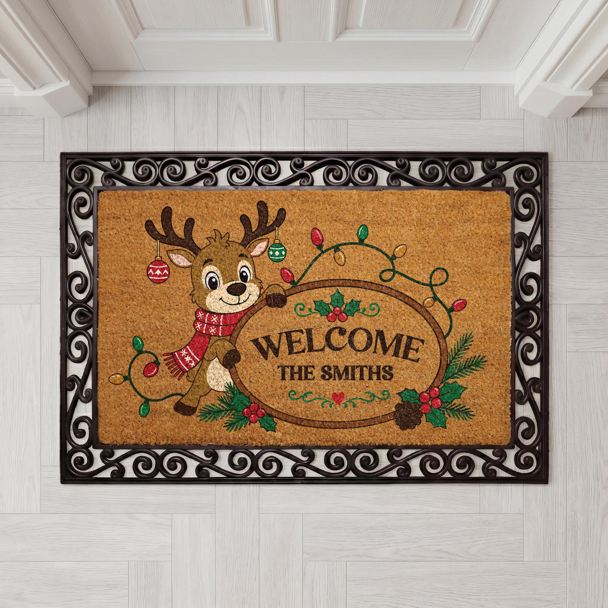Personalized Reindeer Christmas Lights Doormat, Custom Family Name Welcome Mat (Coir)