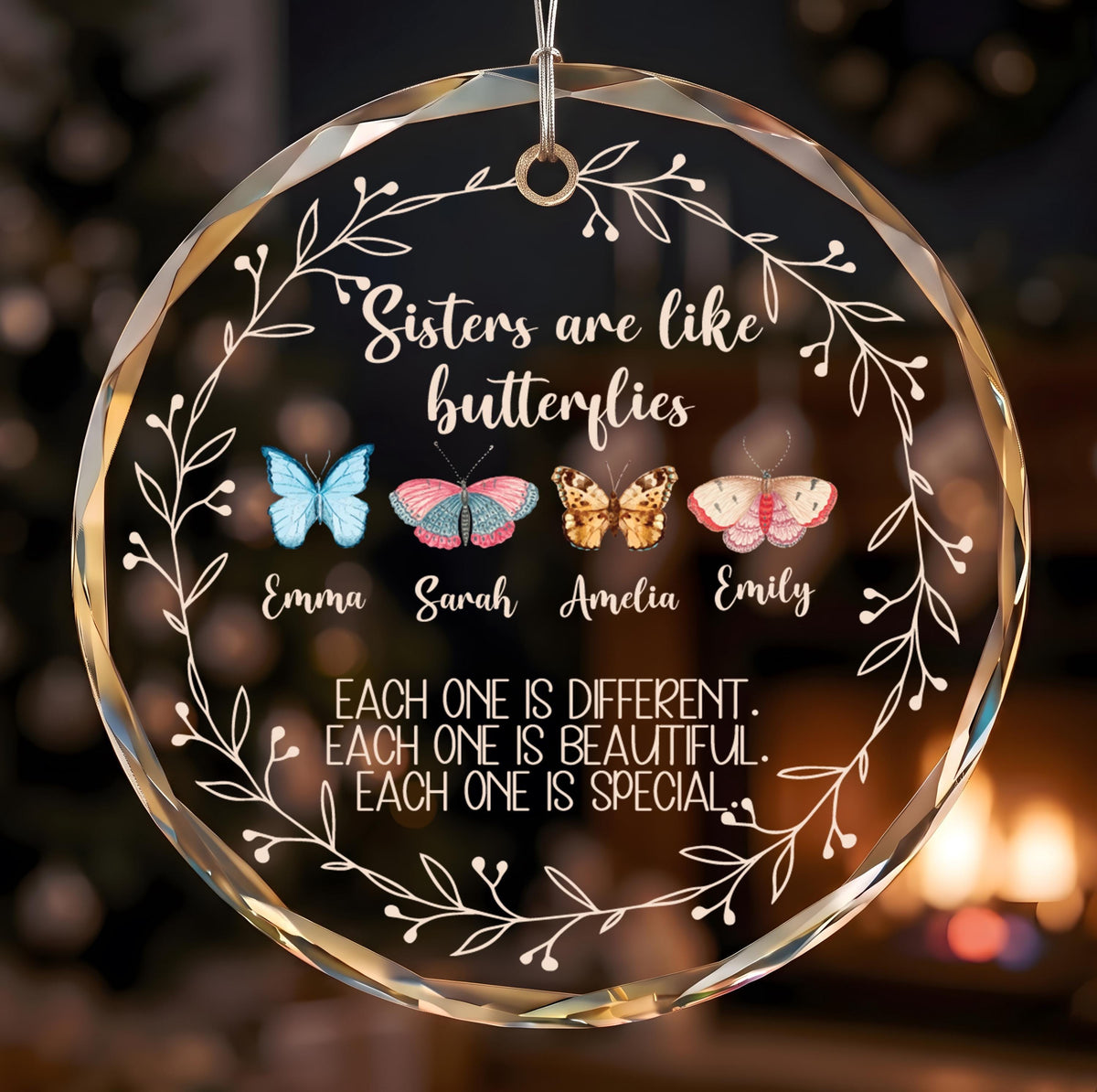 Custom Crystal Glass Ornament, Personalized Butterfly Sisters Gift (Round or Heart)
