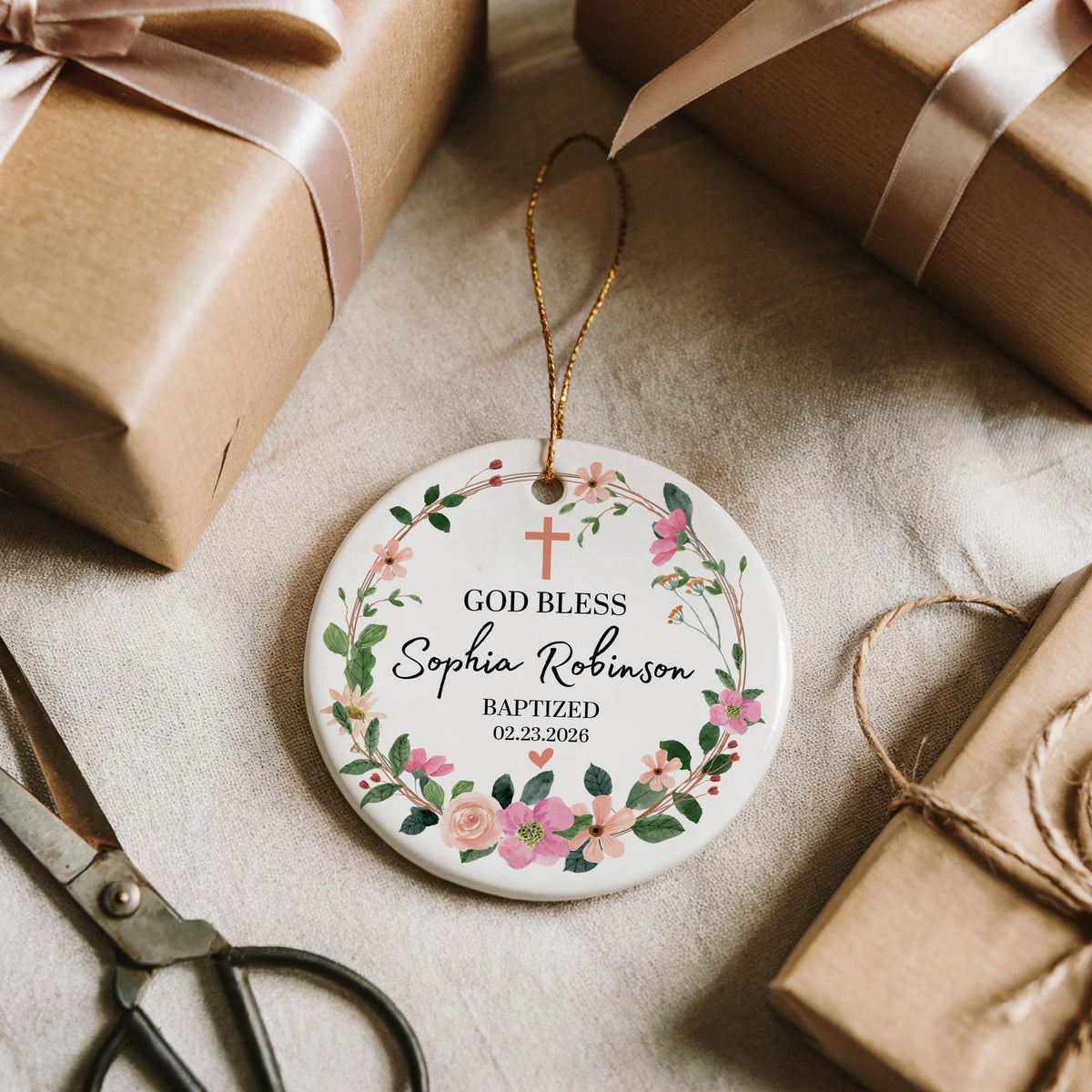 Personalized Floral Cross Baptized Ornament, Custom Name & Date Baby Blessing Keepsake
