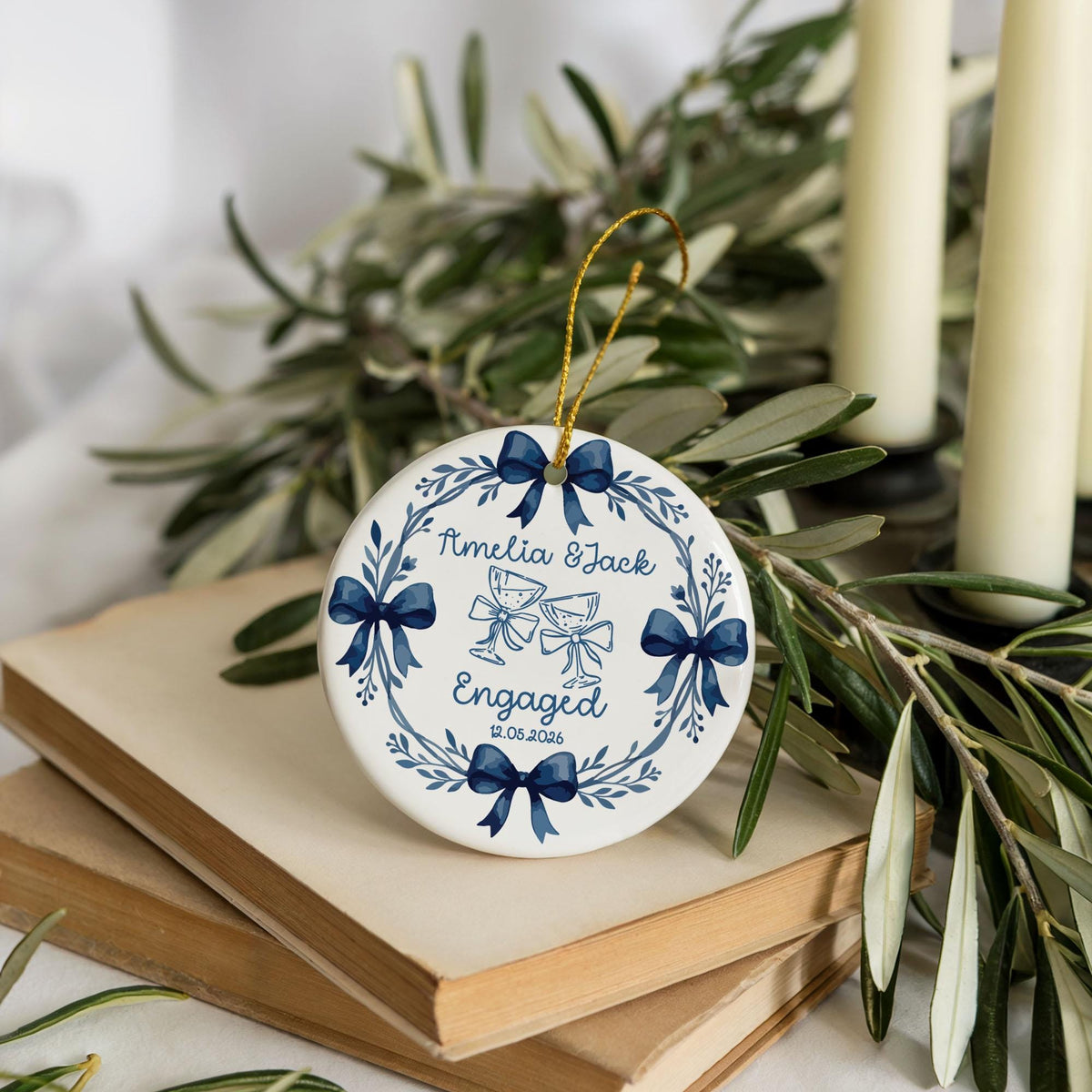 Custom Name Ceramic Engaged Ornament 2026, Cute Blue Bow Ribbon Engagement Keepsake