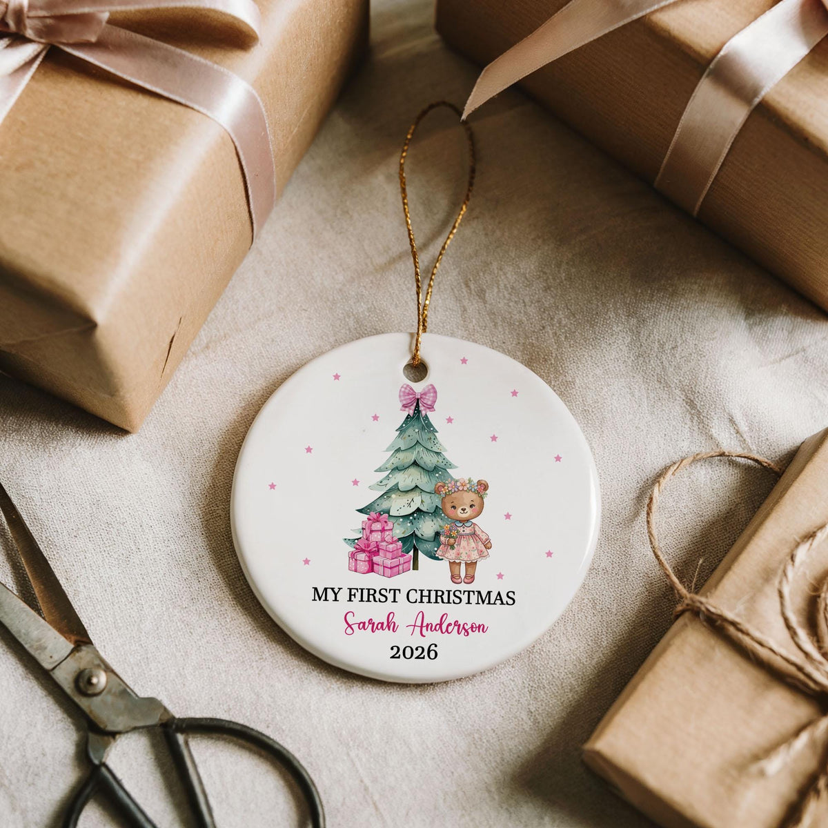Personalized Baby First Christmas Ornament, Custom Name Teddy Bear Fox Holiday Keepsake