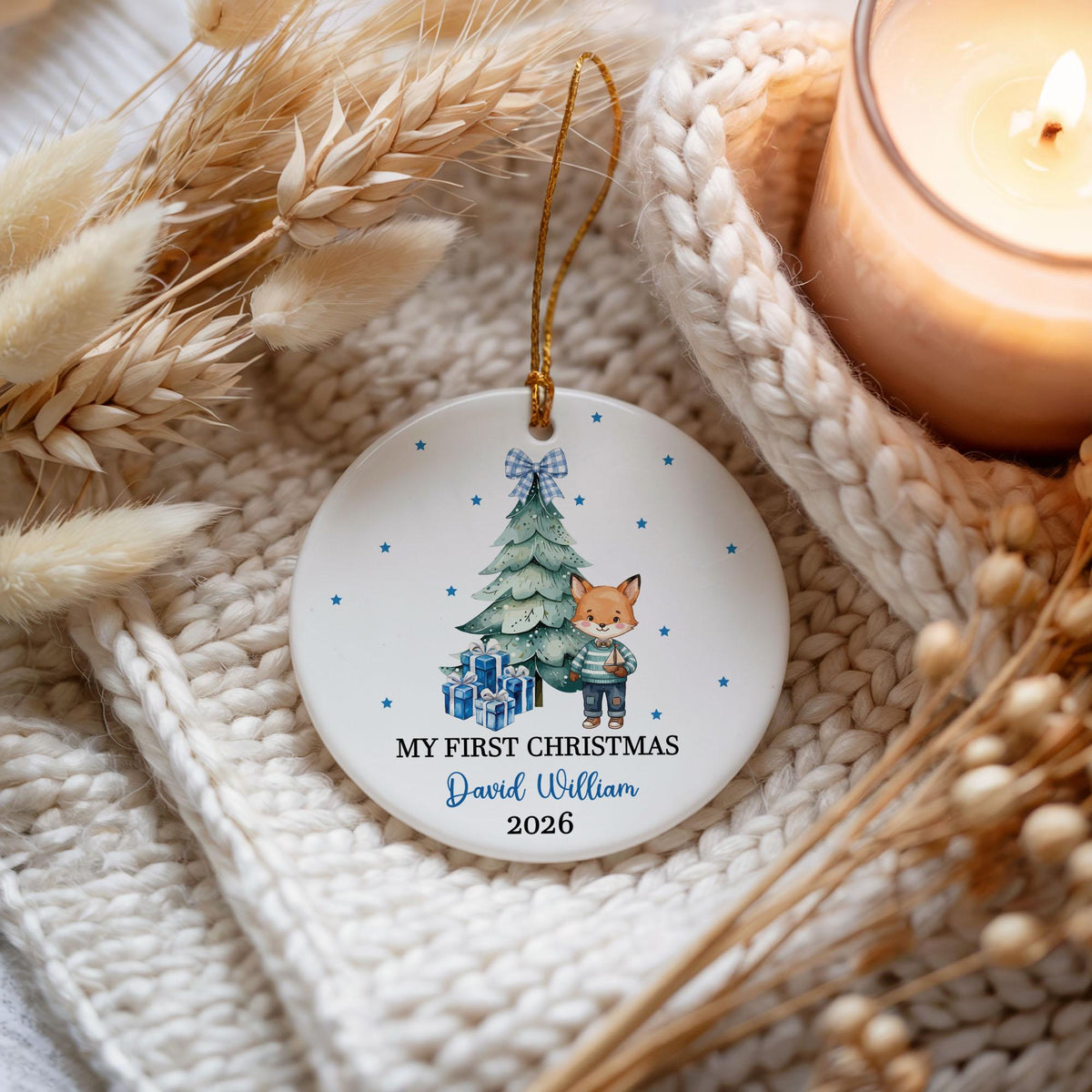 Personalized Baby First Christmas Ornament, Custom Name Teddy Bear Fox Holiday Keepsake