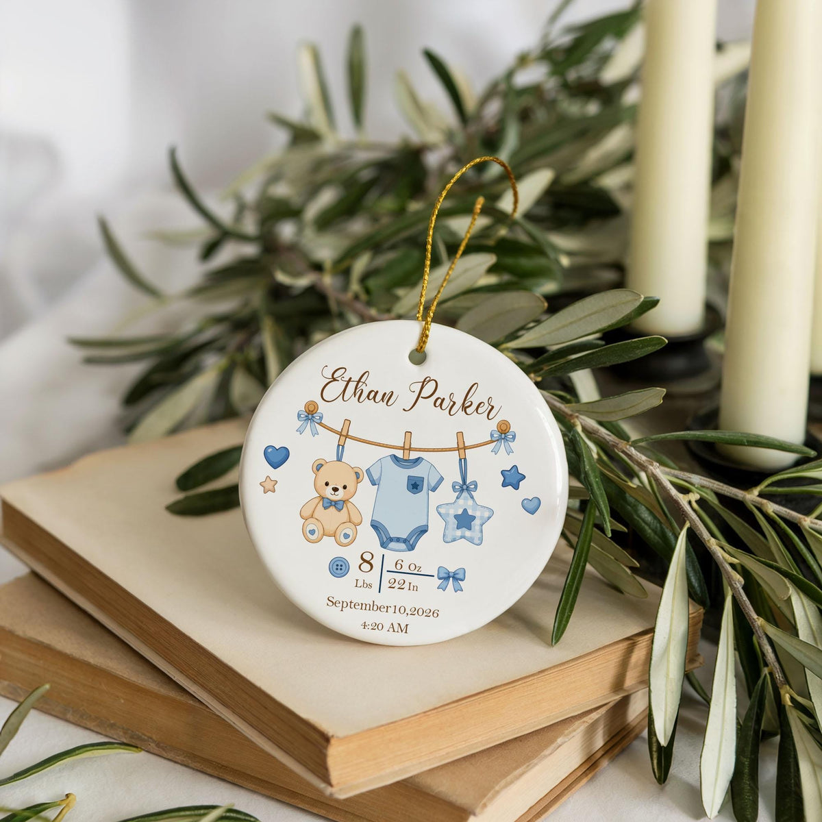 Personalized Boy - Girl Birth Stats Ceramic Ornament, Custom New Born Nursery Decoration