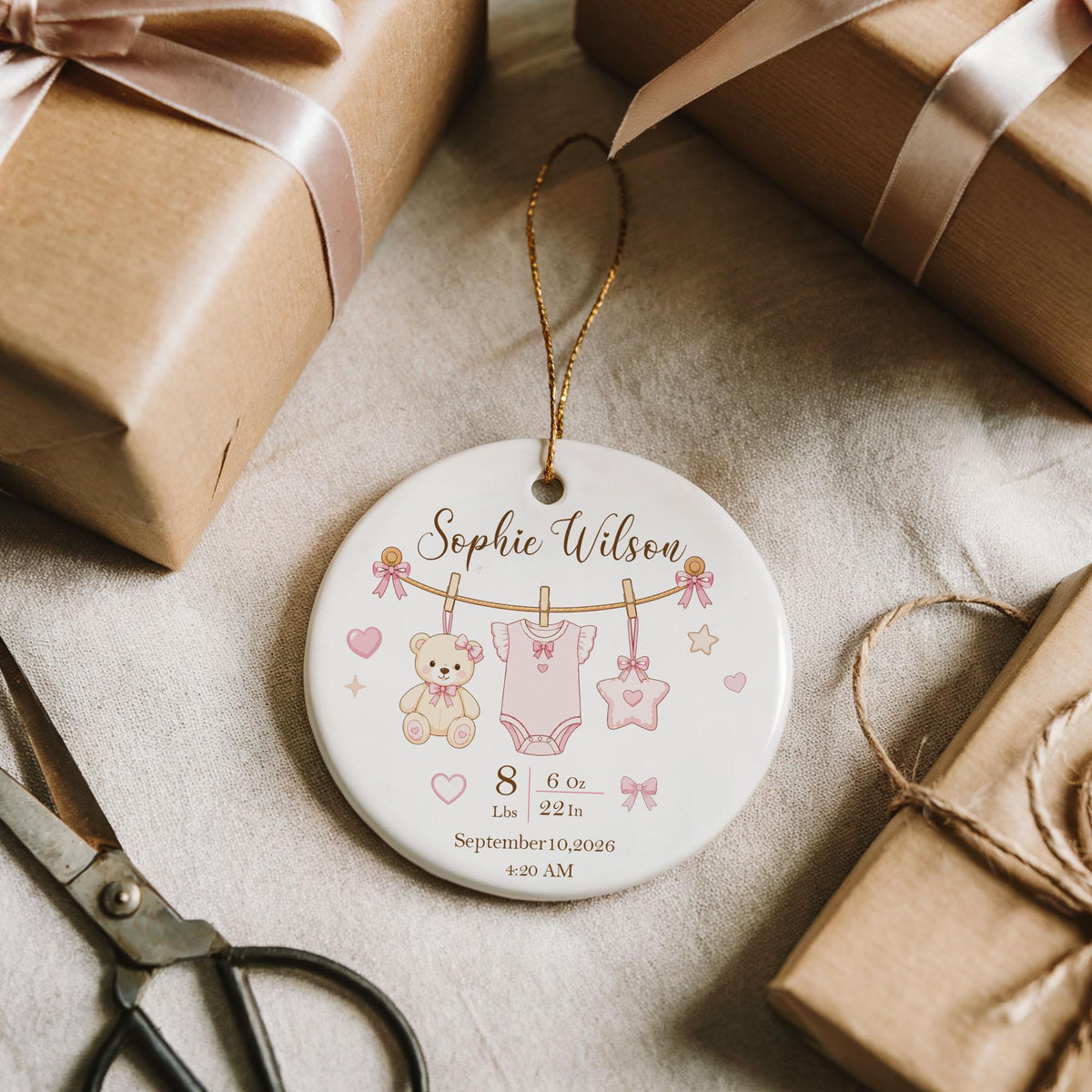 Personalized Boy - Girl Birth Stats Ceramic Ornament, Custom New Born Nursery Decoration