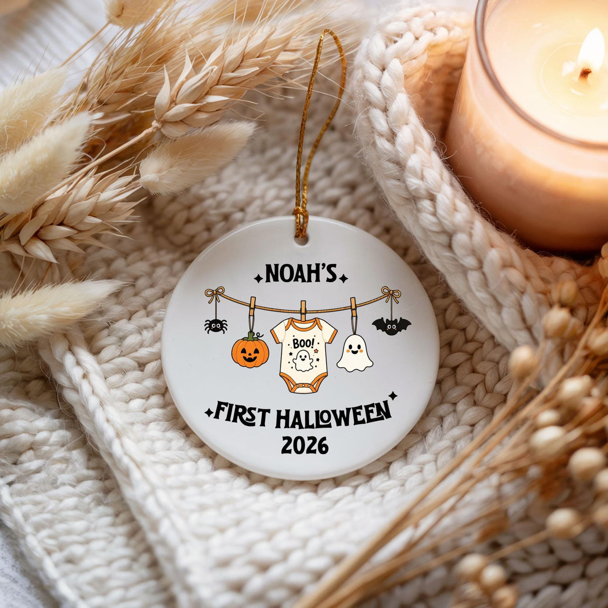 Custom Name Baby First Halloween Ornament, Personalized Spooky Baby Clothesline Keepsake
