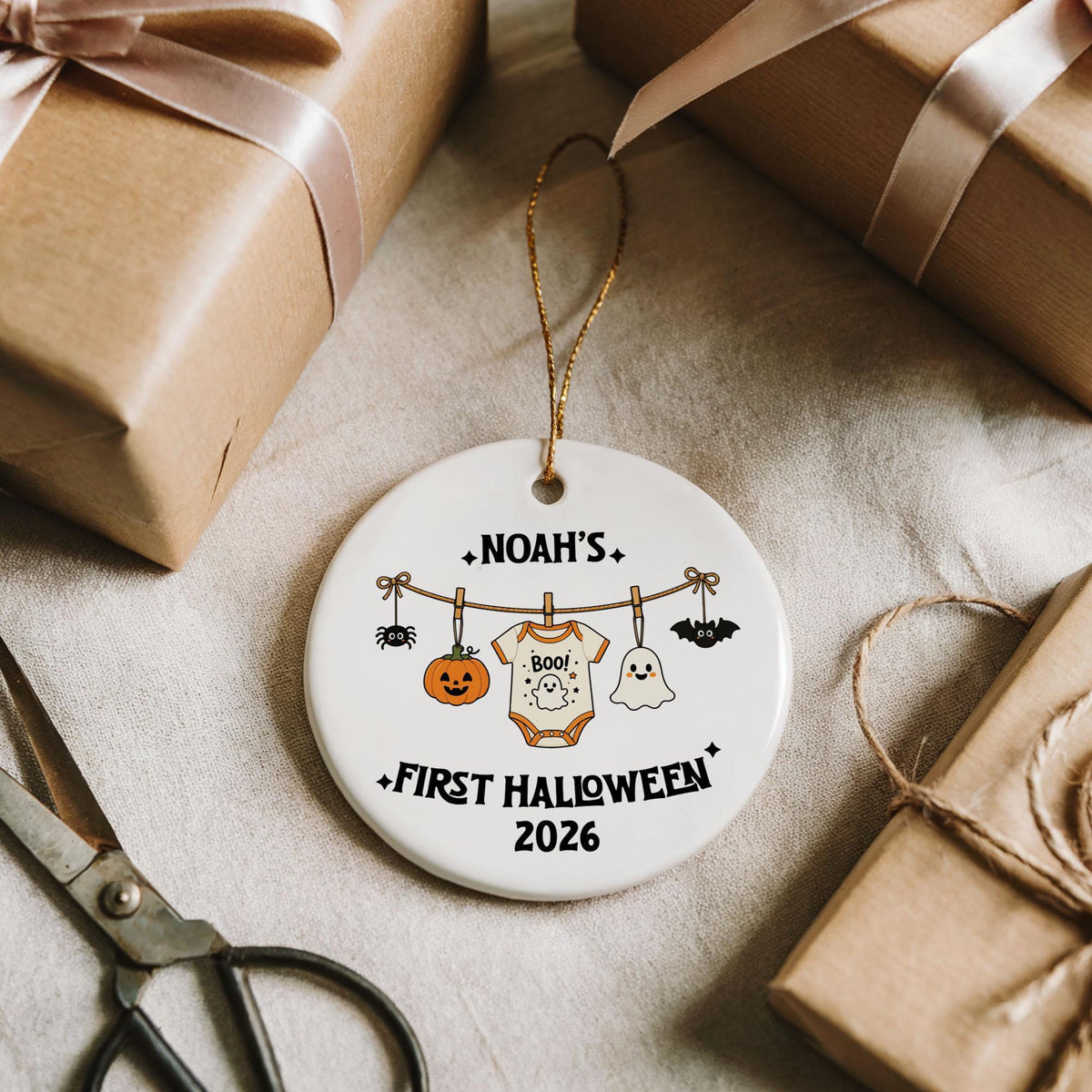 Custom Name Baby First Halloween Ornament, Personalized Spooky Baby Clothesline Keepsake