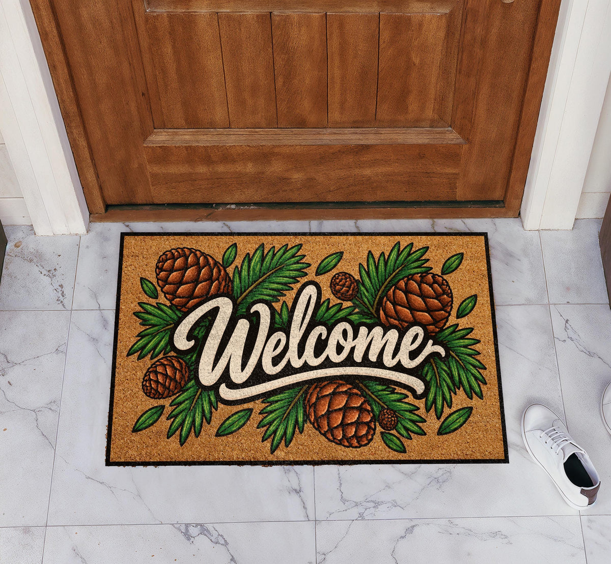 Rustic Pinecone Welcome Mat, Nature Inspired Winter Doormat, Woodland Cabin Entryway Decor