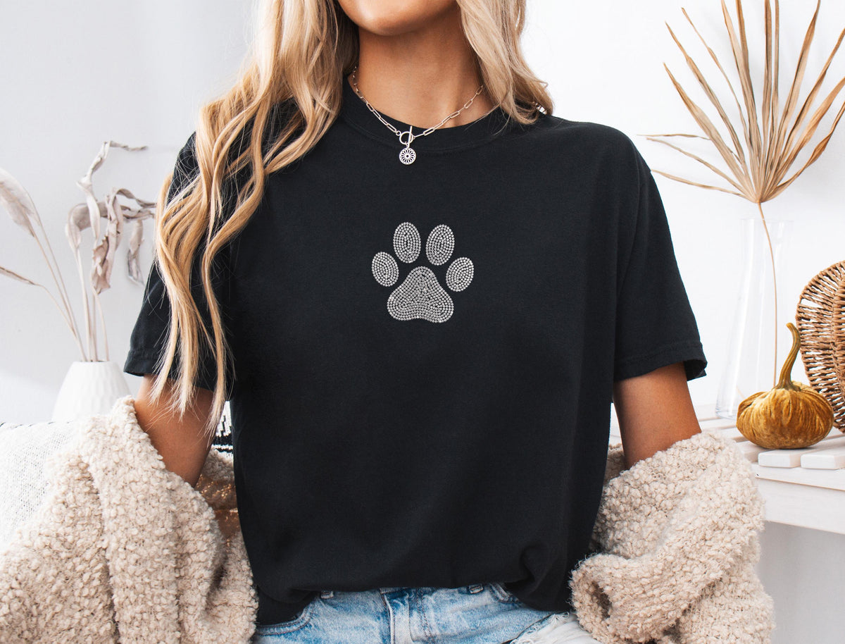 Dog Paws Heart Rhinestone Comfort Colors® Shirt, Sparkling Cat Lover Apparel T-shirt, Cat Paw Print Tee, Aesthetic Dog Mom Gift