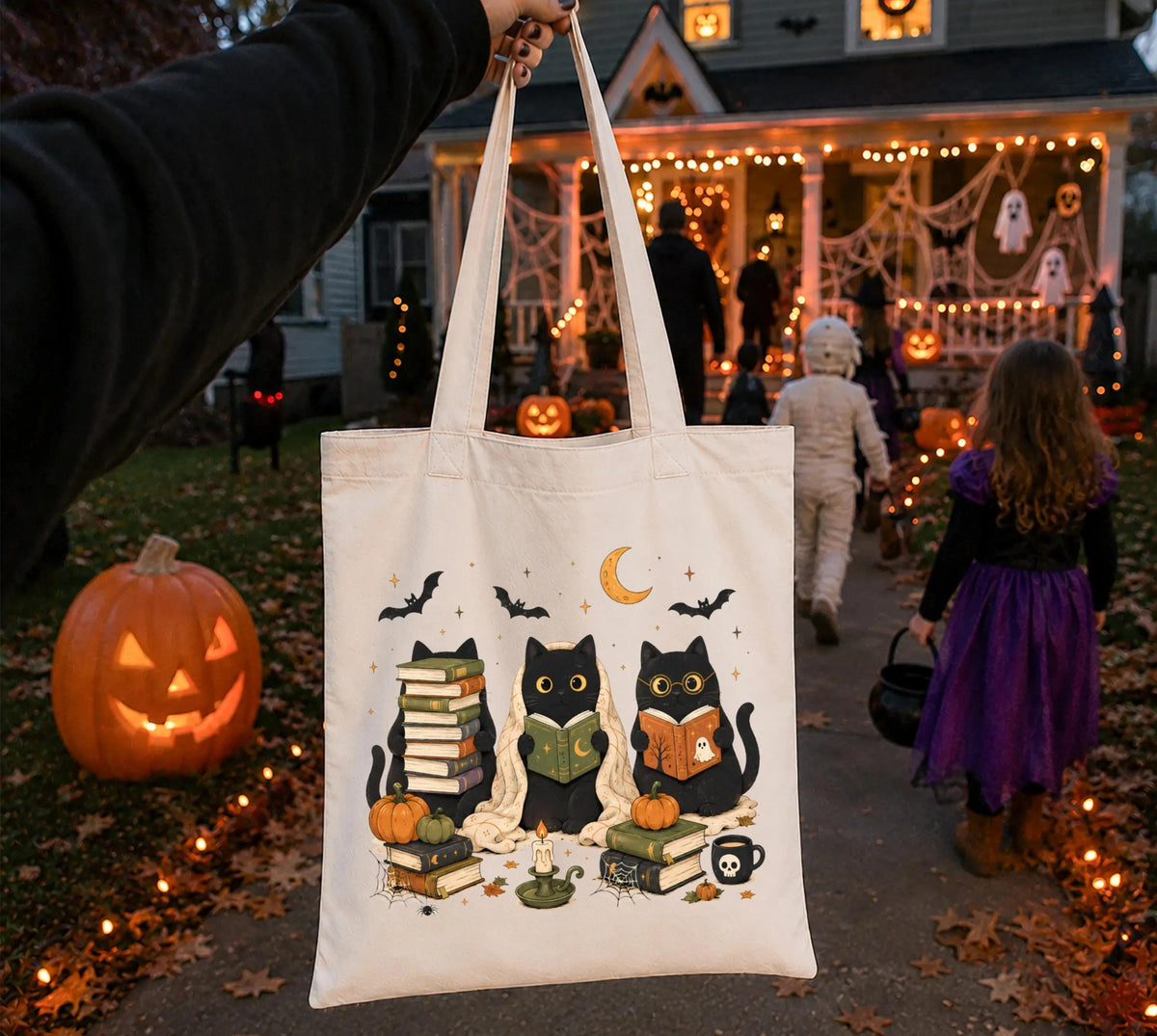 Reading Cats Tote Bag, Spooky Season Books Tote, Halloween Gift Tote Bag