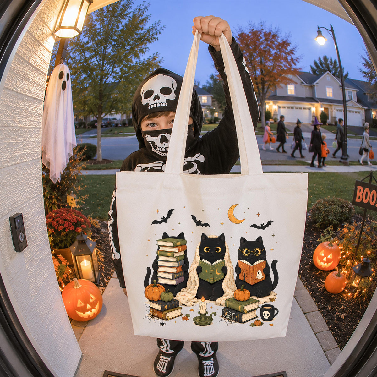 Reading Cats Tote Bag, Spooky Season Books Tote, Halloween Gift Tote Bag