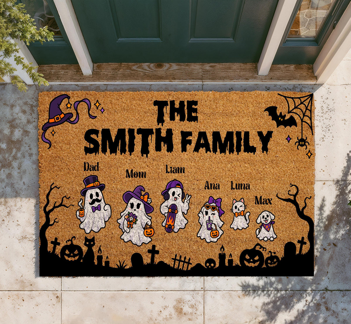 Personalized Ghost Family Doormat, Custom Halloween Welcome Mat (Coir)