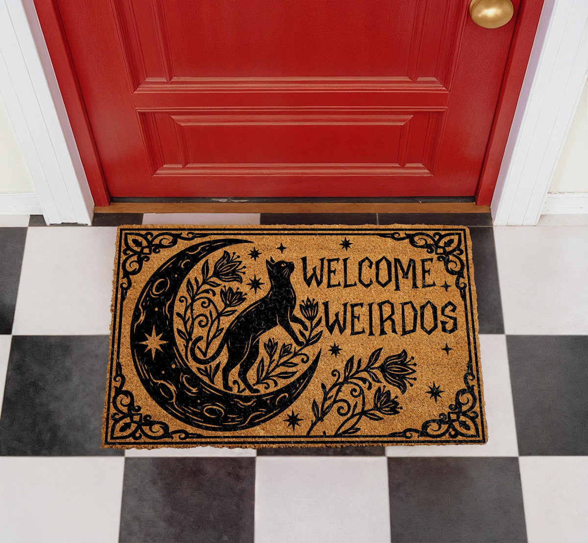 Personalized Welcome Weirdos Doormat, Celestial Moon Cat, Gothic Floral Porch Decor