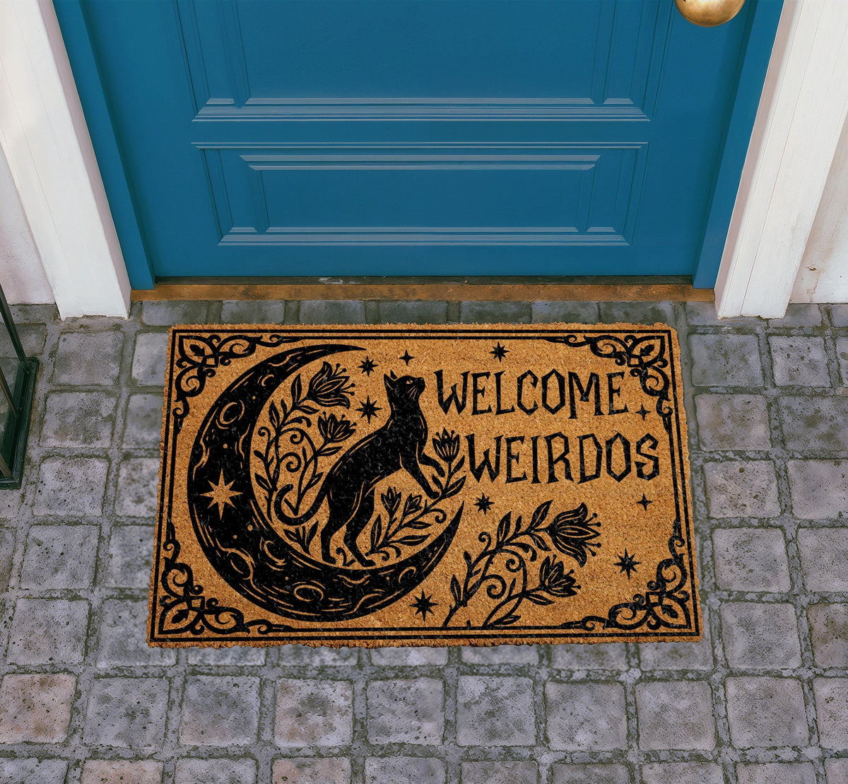 Personalized Welcome Weirdos Doormat, Celestial Moon Cat, Gothic Floral Porch Decor
