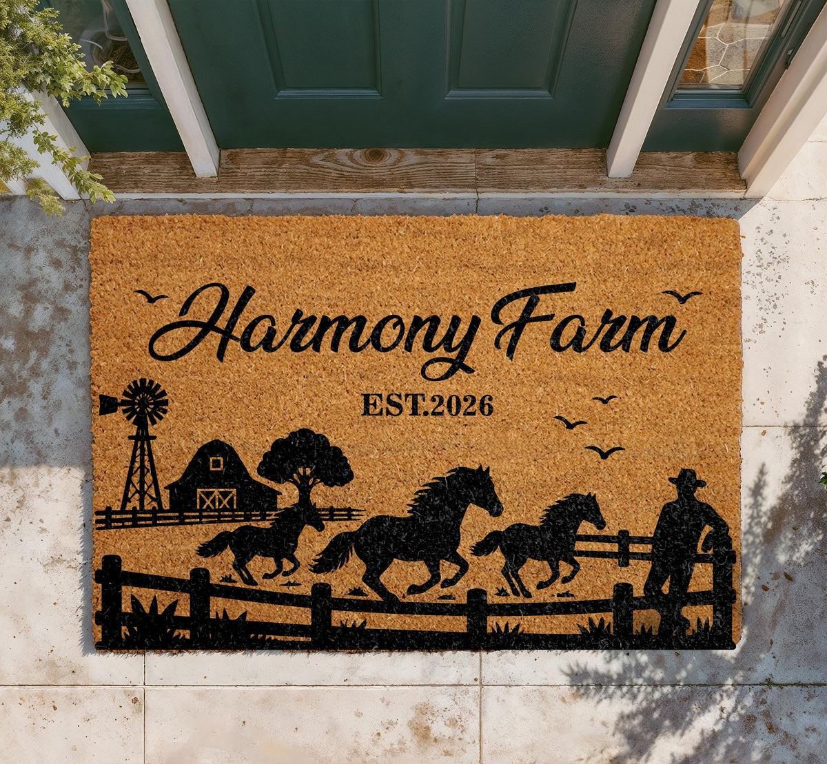 Personalized Horse Farm Doormat, Custom Ranch Welcome Mat, Rustic Farmhouse Porch Decor