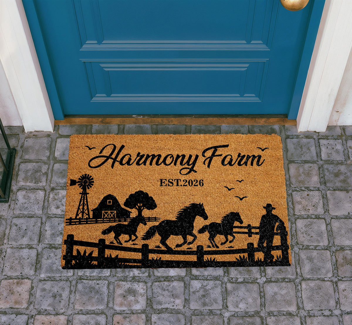 Personalized Horse Farm Doormat, Custom Ranch Welcome Mat, Rustic Farmhouse Porch Decor