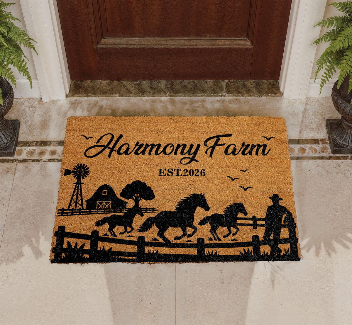 Personalized Horse Farm Doormat, Custom Ranch Welcome Mat, Rustic Farmhouse Porch Decor