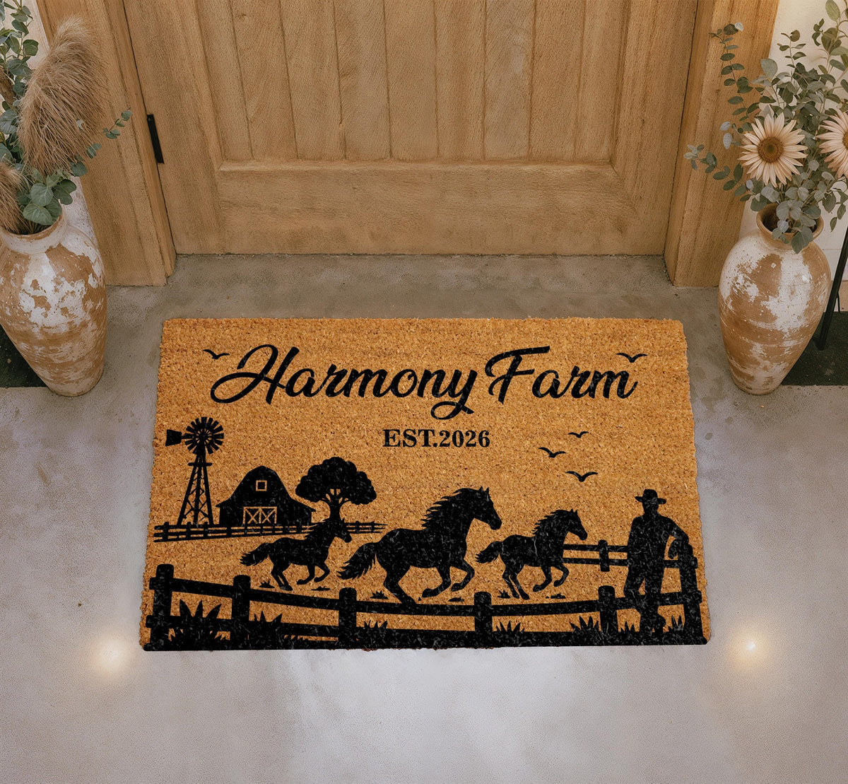 Personalized Horse Farm Doormat, Custom Ranch Welcome Mat, Rustic Farmhouse Porch Decor