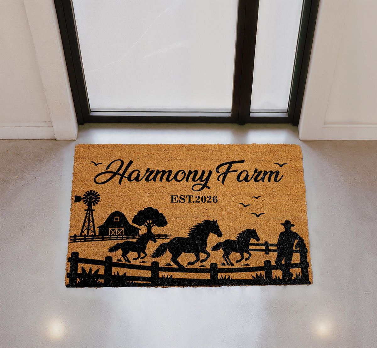 Personalized Horse Farm Doormat, Custom Ranch Welcome Mat, Rustic Farmhouse Porch Decor