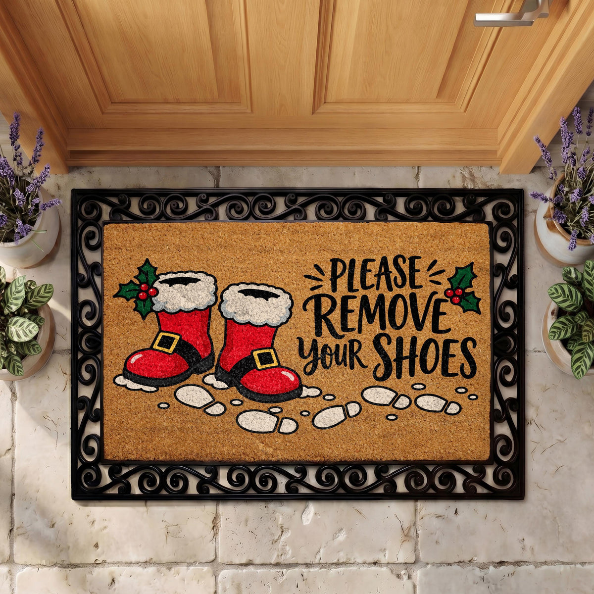 Personalized Christmas Doormat, Santa Boots Welcome Mat, Coir Rug (Custom Name)