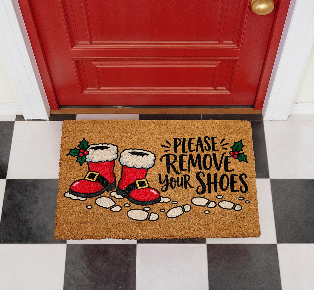 Personalized Christmas Doormat, Santa Boots Welcome Mat, Coir Rug (Custom Name)