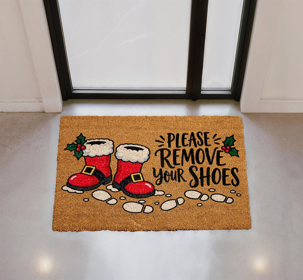 Personalized Christmas Doormat, Santa Boots Welcome Mat, Coir Rug (Custom Name)