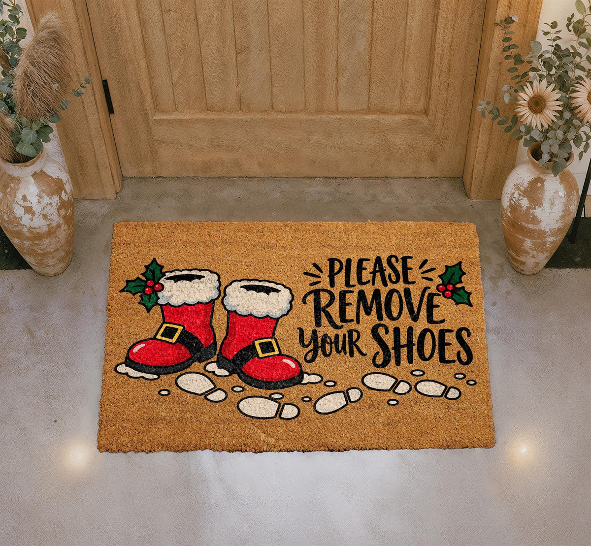 Personalized Christmas Doormat, Santa Boots Welcome Mat, Coir Rug (Custom Name)