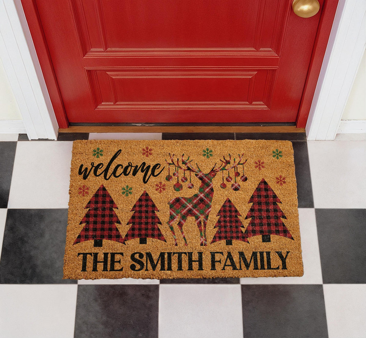 Personalized Buffalo Plaid Reindeer Doormat, Custom Family Name Holiday Welcome Mat (Coir)