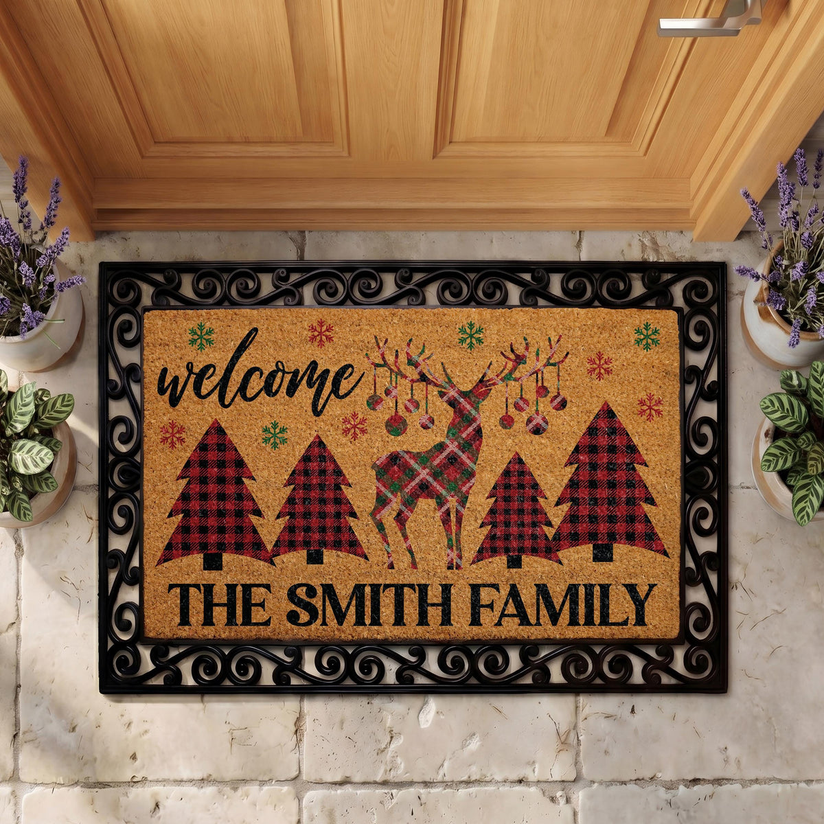 Personalized Buffalo Plaid Reindeer Doormat, Custom Family Name Holiday Welcome Mat (Coir)