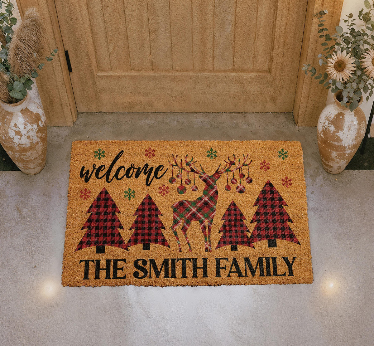 Personalized Buffalo Plaid Reindeer Doormat, Custom Family Name Holiday Welcome Mat (Coir)