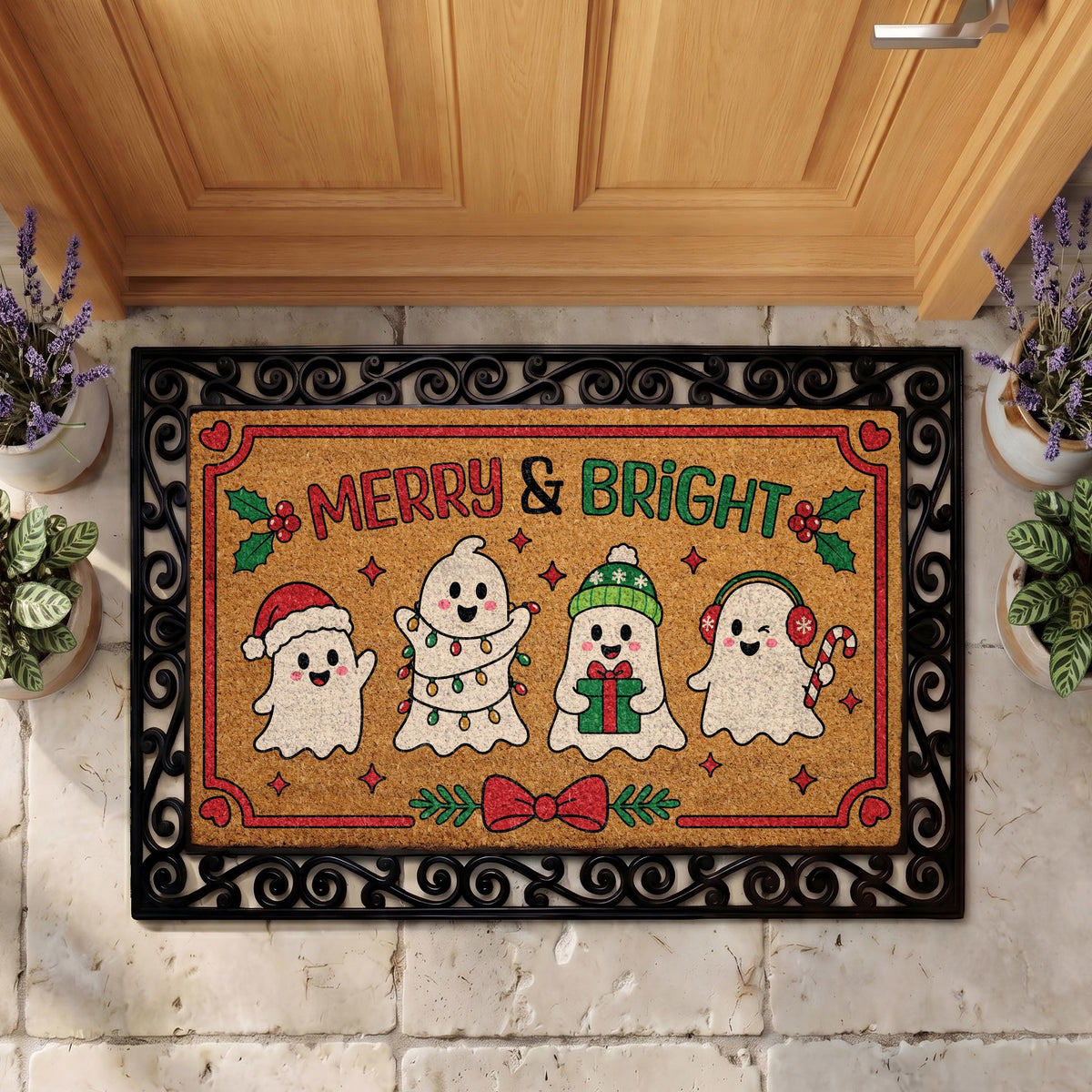 Personalized Ghost Doormat, Merry & Bright Christmas Welcome Mat (Coir)