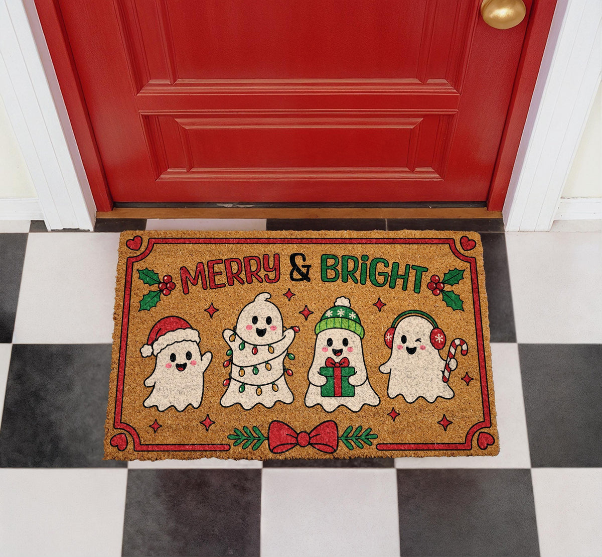 Personalized Ghost Doormat, Merry & Bright Christmas Welcome Mat (Coir)