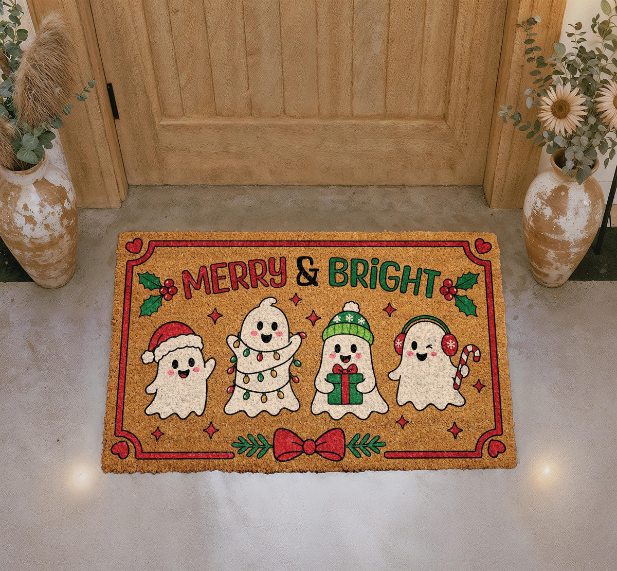 Personalized Ghost Doormat, Merry & Bright Christmas Welcome Mat (Coir)