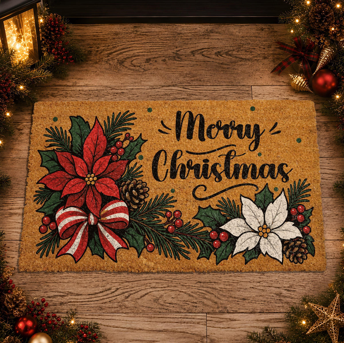 Merry Christmas Coir Doormat, Poinsettia Welcome Mat, Holiday Porch Decor