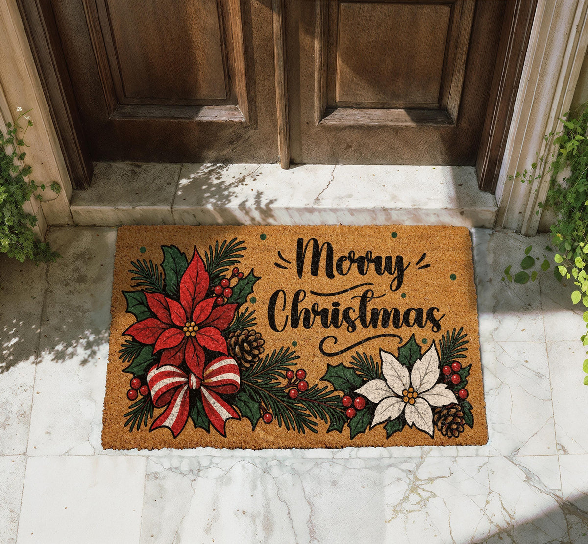 Merry Christmas Coir Doormat, Poinsettia Welcome Mat, Holiday Porch Decor