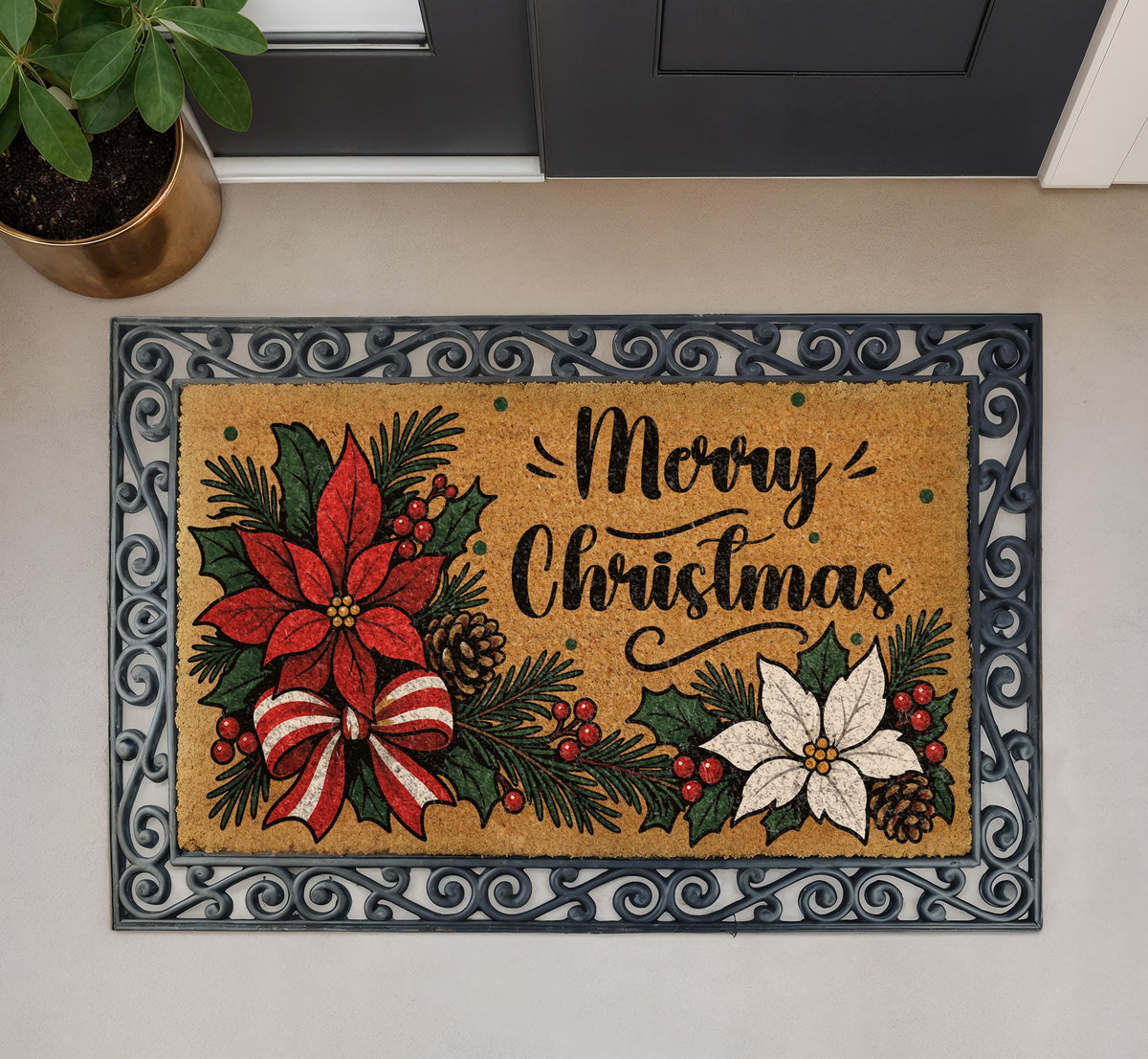 Merry Christmas Coir Doormat, Poinsettia Welcome Mat, Holiday Porch Decor