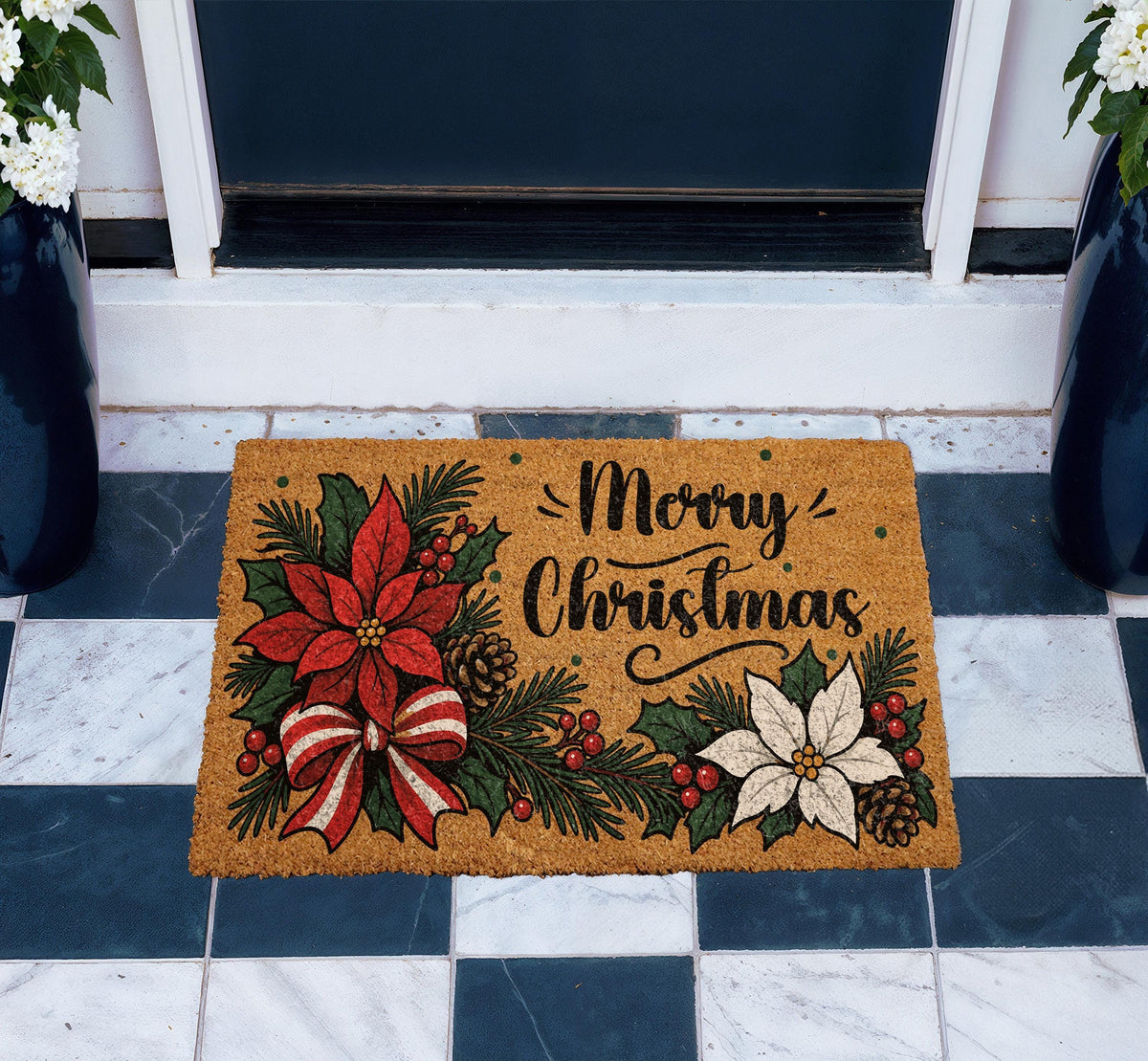 Merry Christmas Coir Doormat, Poinsettia Welcome Mat, Holiday Porch Decor