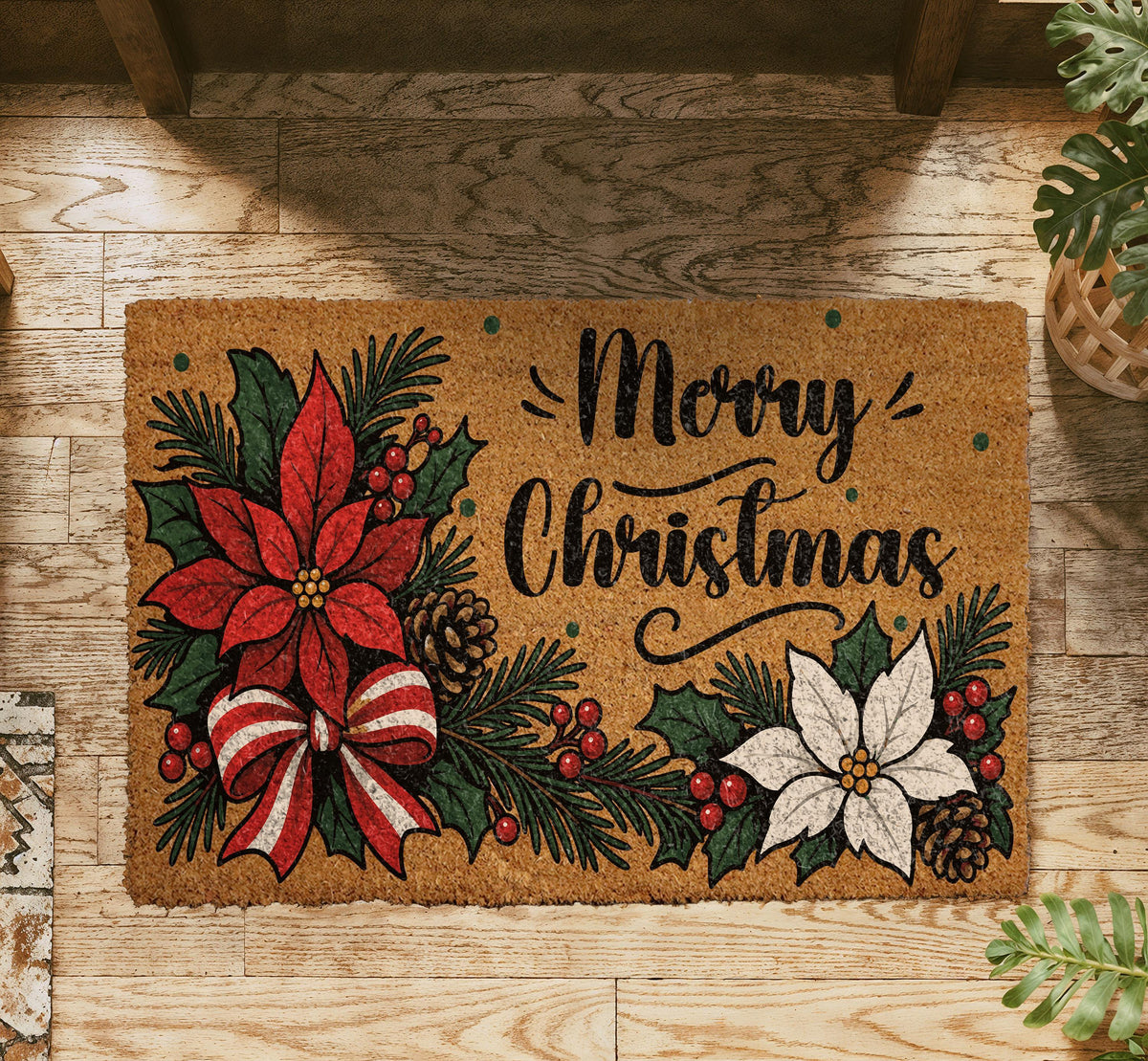 Merry Christmas Coir Doormat, Poinsettia Welcome Mat, Holiday Porch Decor