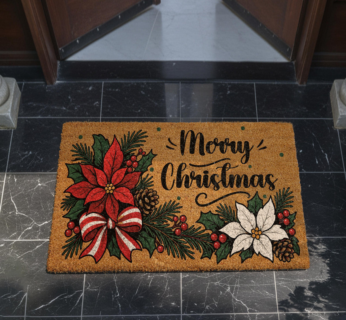 Merry Christmas Coir Doormat, Poinsettia Welcome Mat, Holiday Porch Decor