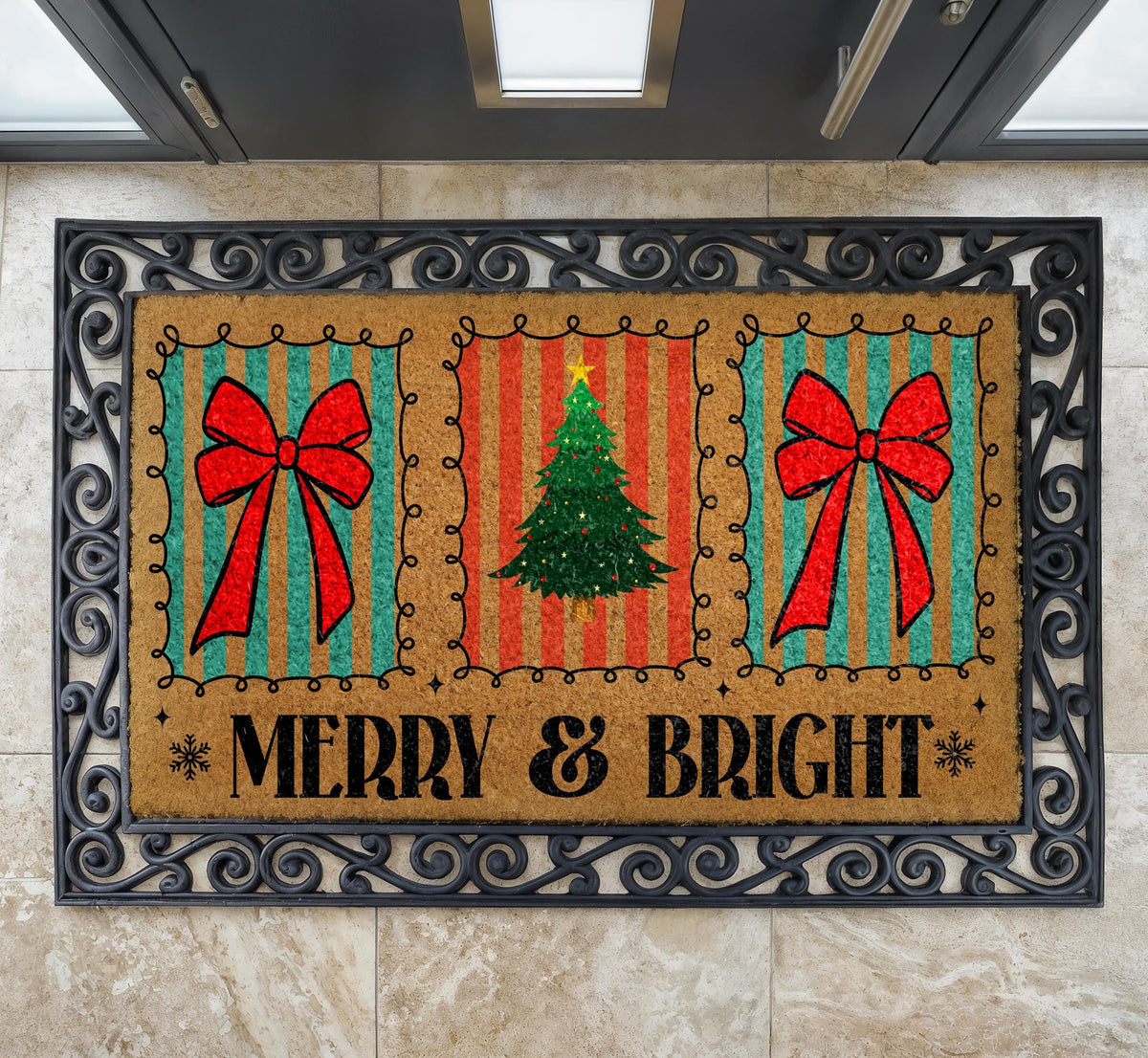 Merry & Bright Christmas Doormat, Coir Welcome Mat, Red Bow Holiday Decor