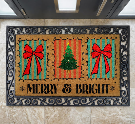 Merry & Bright Christmas Doormat, Coir Welcome Mat, Red Bow Holiday Decor