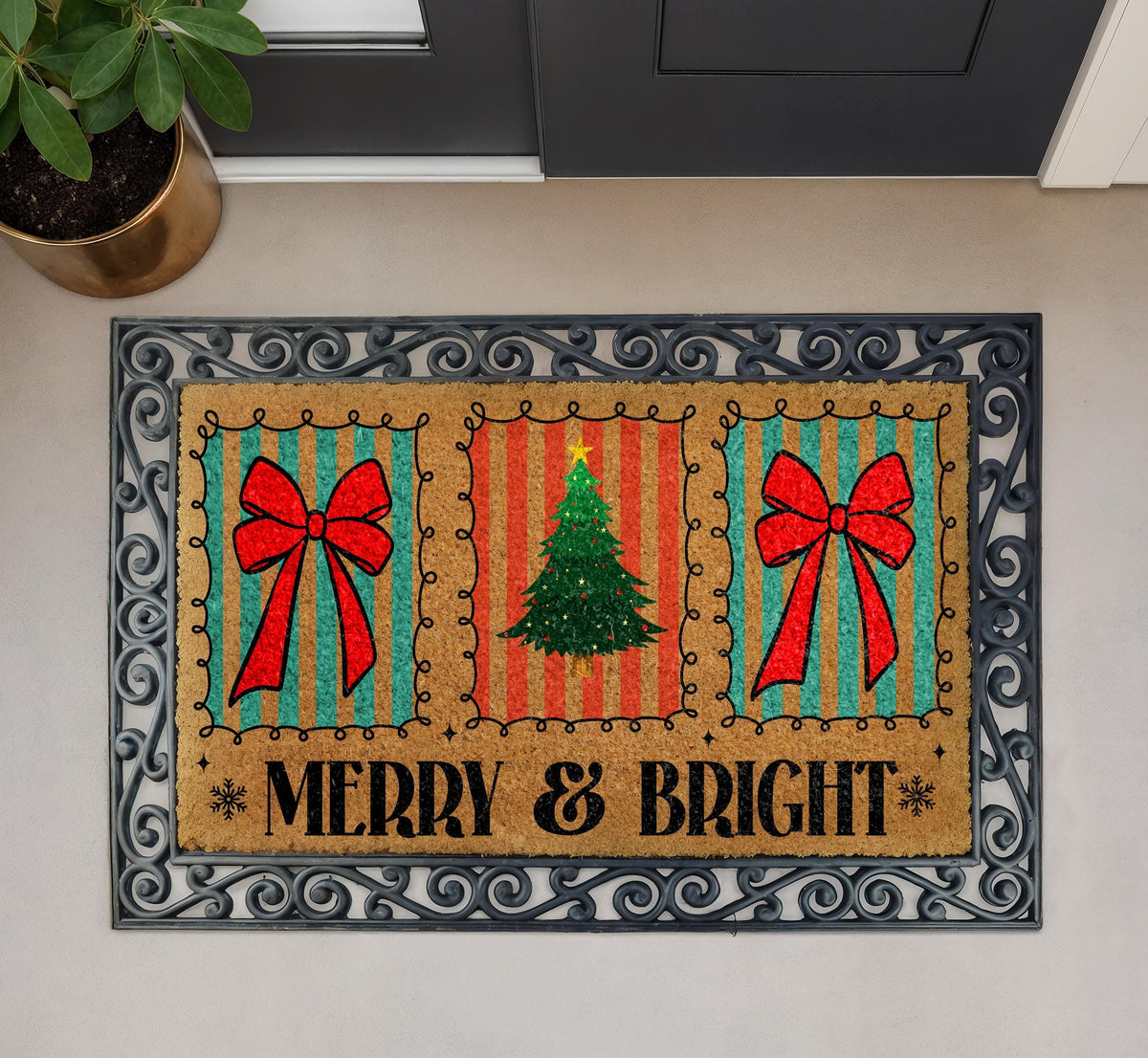 Merry & Bright Christmas Doormat, Coir Welcome Mat, Red Bow Holiday Decor