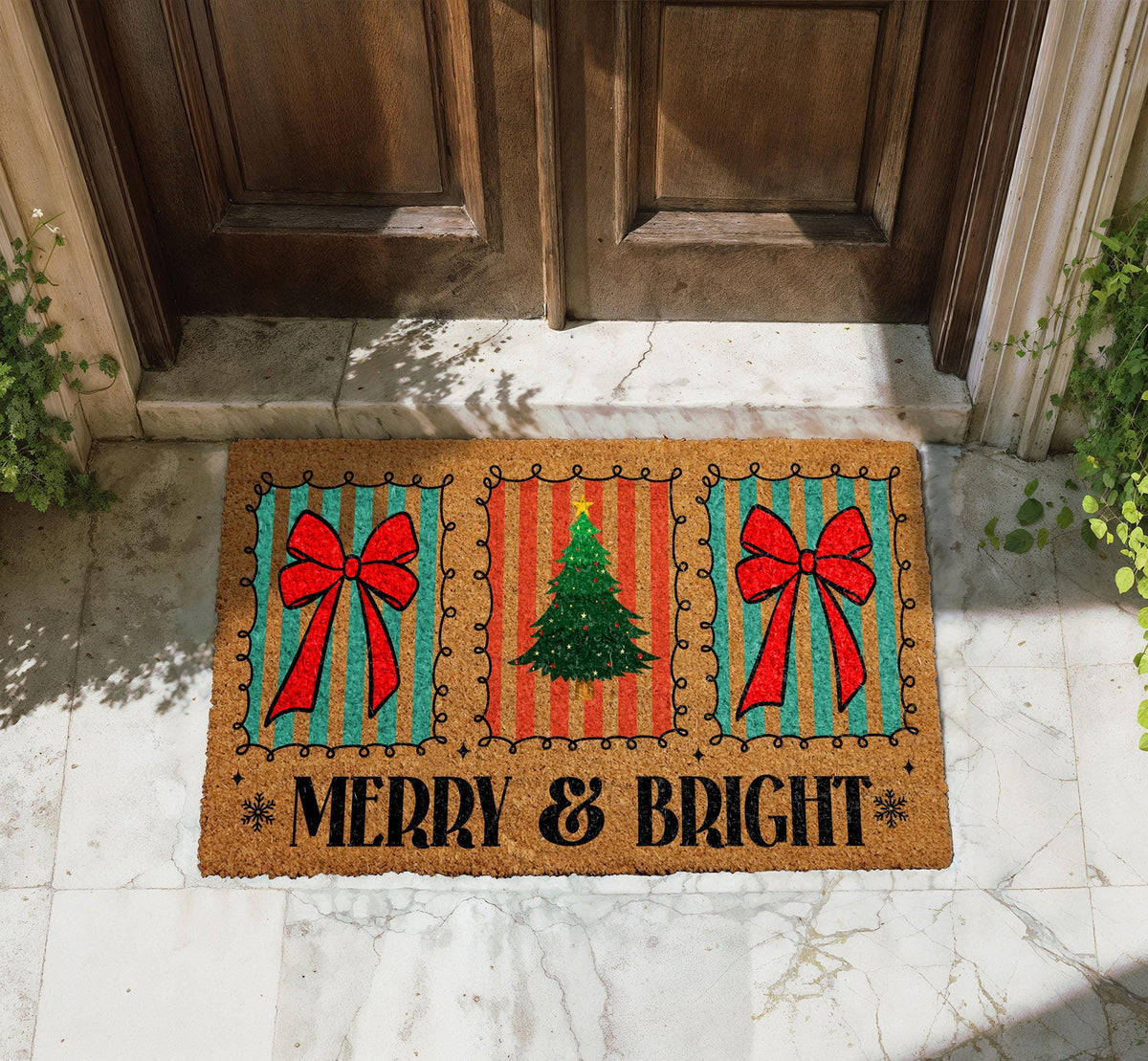 Merry & Bright Christmas Doormat, Coir Welcome Mat, Red Bow Holiday Decor