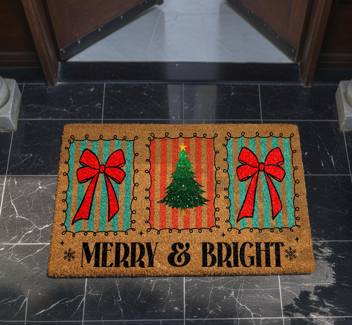 Merry & Bright Christmas Doormat, Coir Welcome Mat, Red Bow Holiday Decor