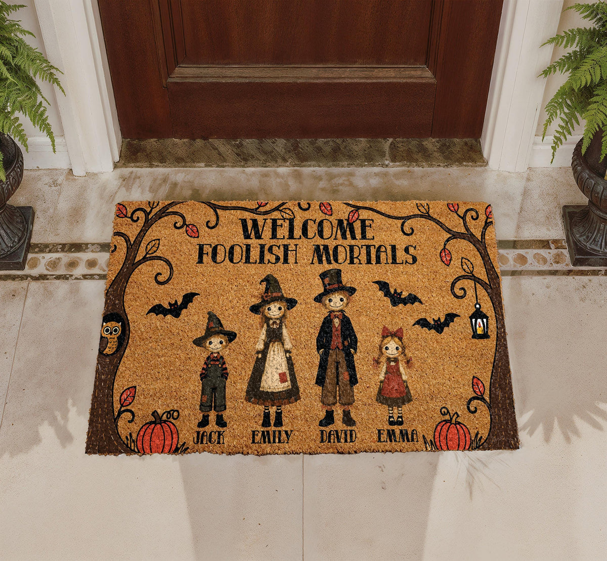 Personalized Scarecrow Family Halloween Doormat, Spooky Fall Welcome Mat, Haunted House Front Porch Decor