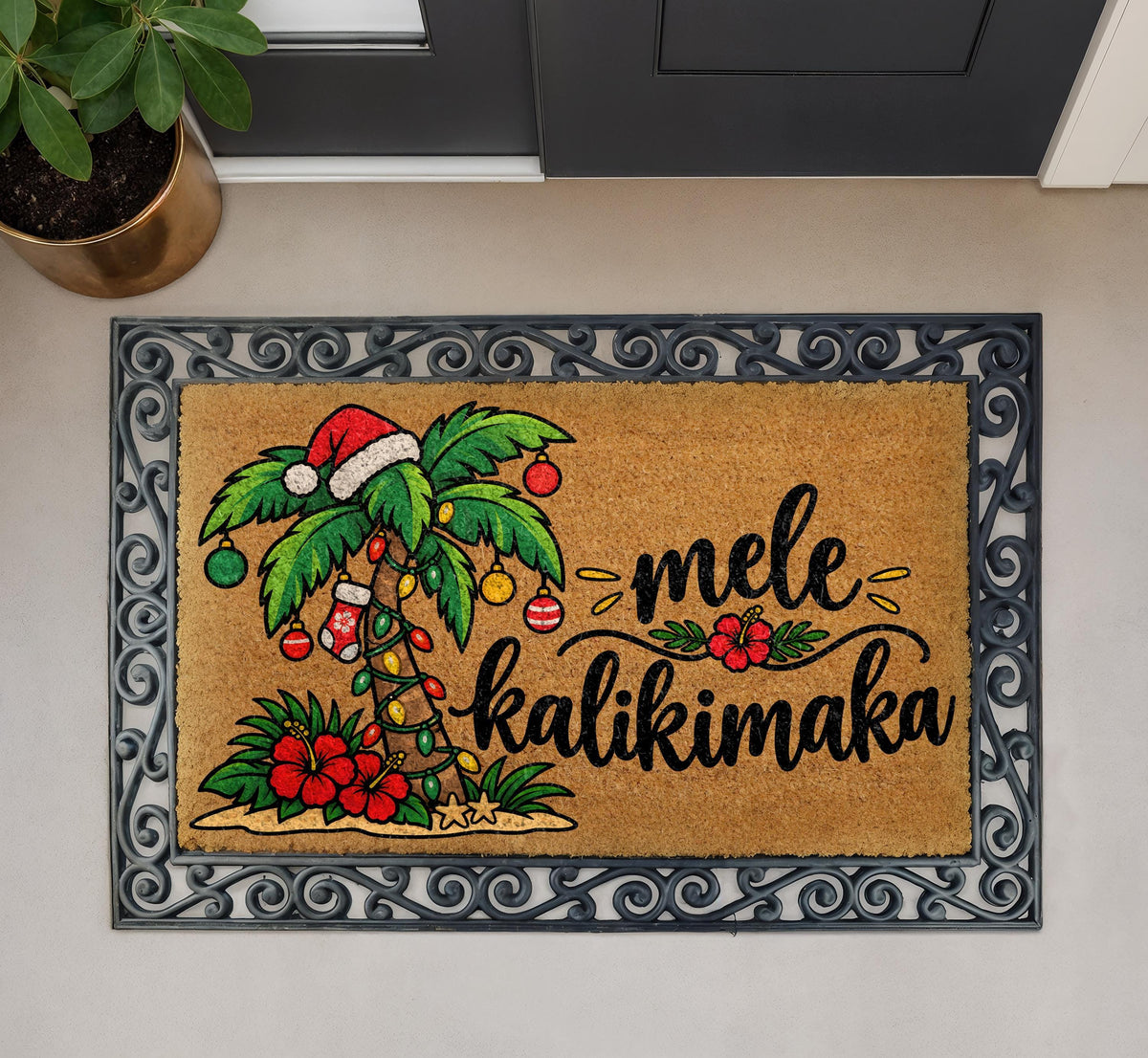 Mele Kalikimaka Doormat, Tropical Christmas Welcome Mat, Palm Tree Coir Rug