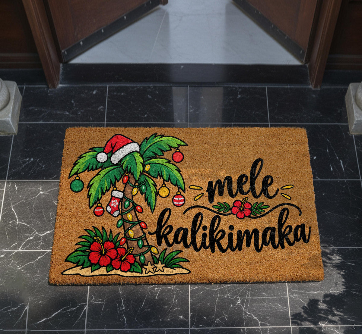 Mele Kalikimaka Doormat, Tropical Christmas Welcome Mat, Palm Tree Coir Rug