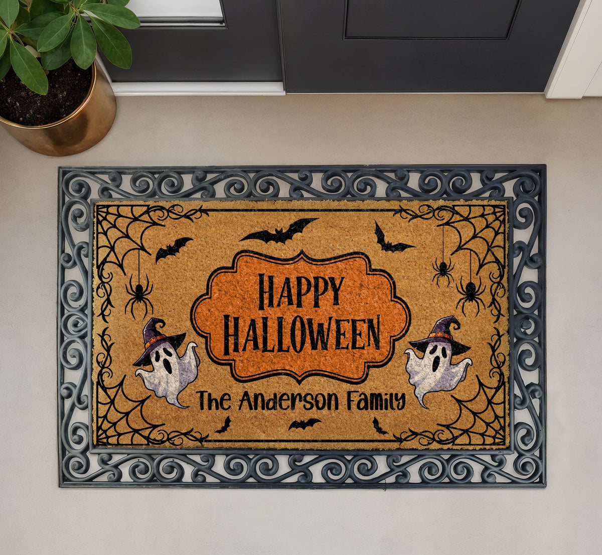 Personalized Family Name Halloween Doormat, Custom Ghost Welcome Mat (Coir)