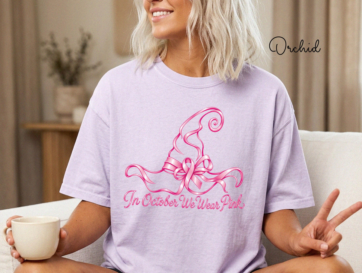In October We Wear Pink Comfort Colors® Shirt, Halloween Breast Cancer Gift Tee, Pink Ribbon Witch Hat T-shirt