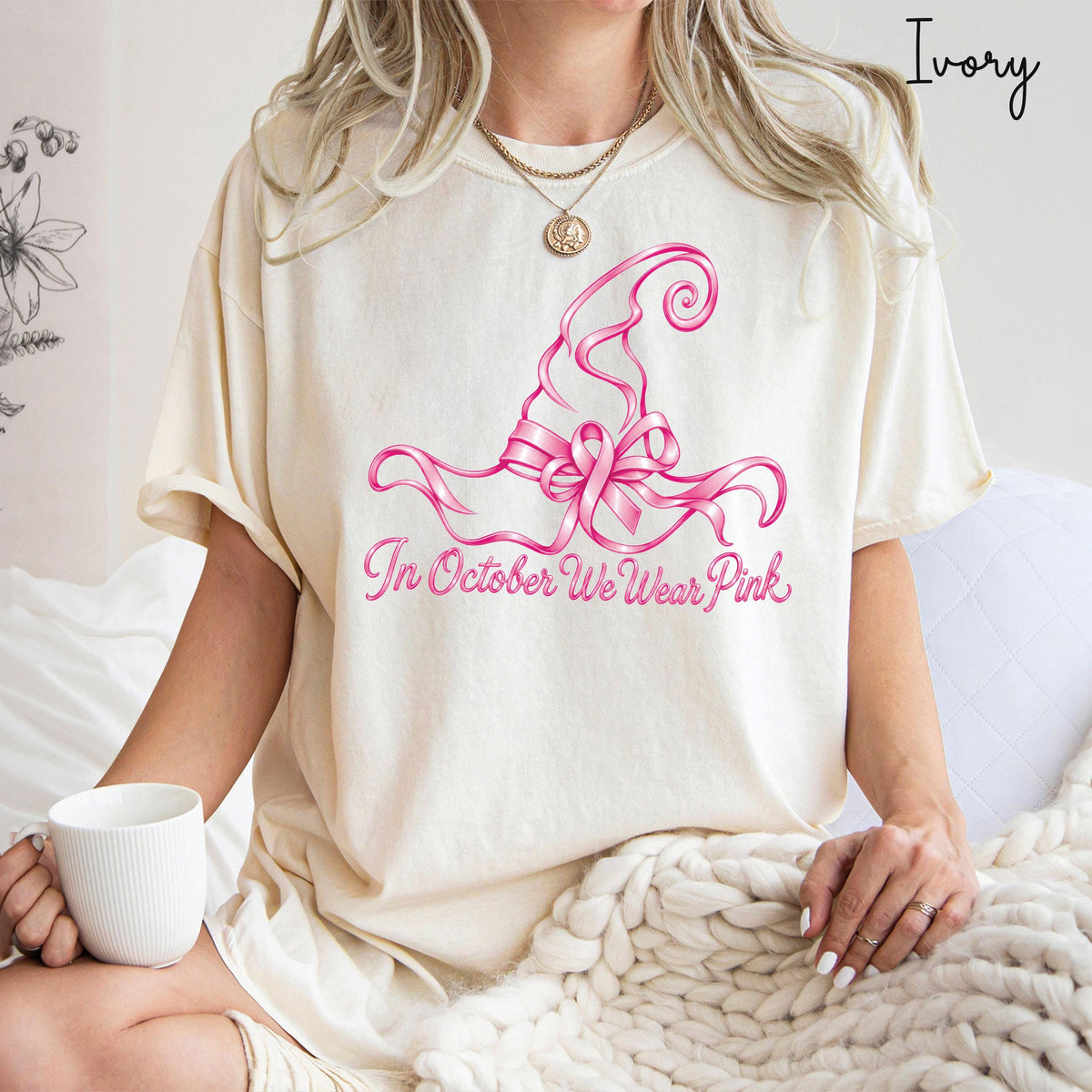 In October We Wear Pink Comfort Colors® Shirt, Halloween Breast Cancer Gift Tee, Pink Ribbon Witch Hat T-shirt