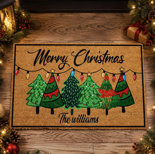 Personalized Merry Christmas Welcome Mat, Custom Family Name Christmas Trees Doormat